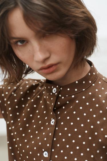 Zara POLKA DOT POPLIN TOP - Brown / White