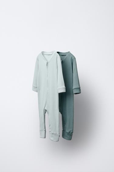 Zara TWO-PACK OF STRIPED FOOTED CONVERTIBLE PAJAMAS - Green / Blue