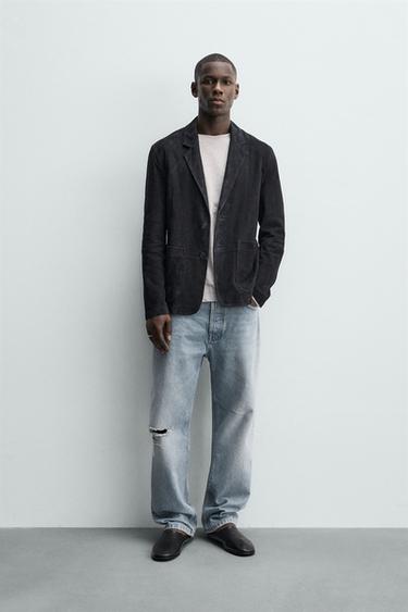 REGULAR FIT BLAZER AUS WILDLEDERIMITAT - Dunkles Marineblau von Zara