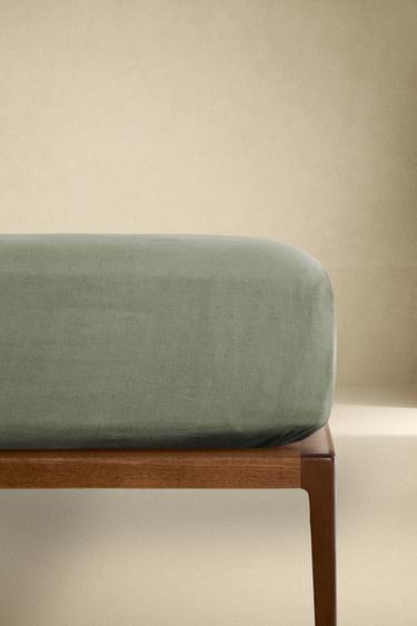 (140 GSM) WASHED LINEN FITTED SHEET - Green / Blue by Zara