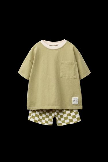 Zara CHECKERBOARD T-SHIRT AND BERMUDA JOGGING SET - Ecru / Khaki
