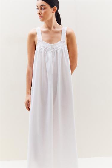 STRAPPY COTTON NIGHTDRESS WITH LACE TRIM - White by Zara - Image 4
