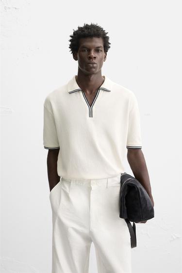 CONTRAST OPEN KNIT POLO SHIRT - Oyster-white by Zara