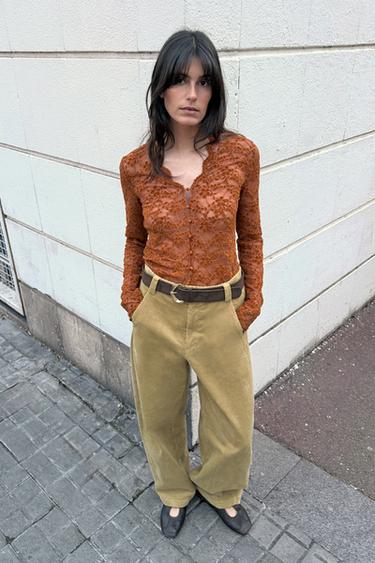 LACE BUTTON-UP TOP - Taupe by Zara - Image 0