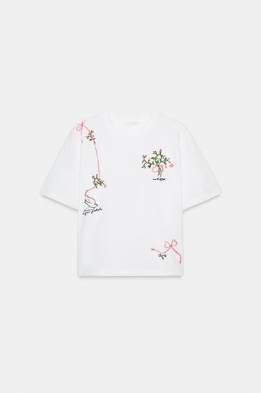 EMBROIDERED FLOWER T-SHIRT - White by Zara