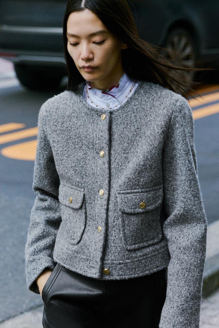 BOUCLÉ AND SUEDE JACKET WITH GOLD BUTTON