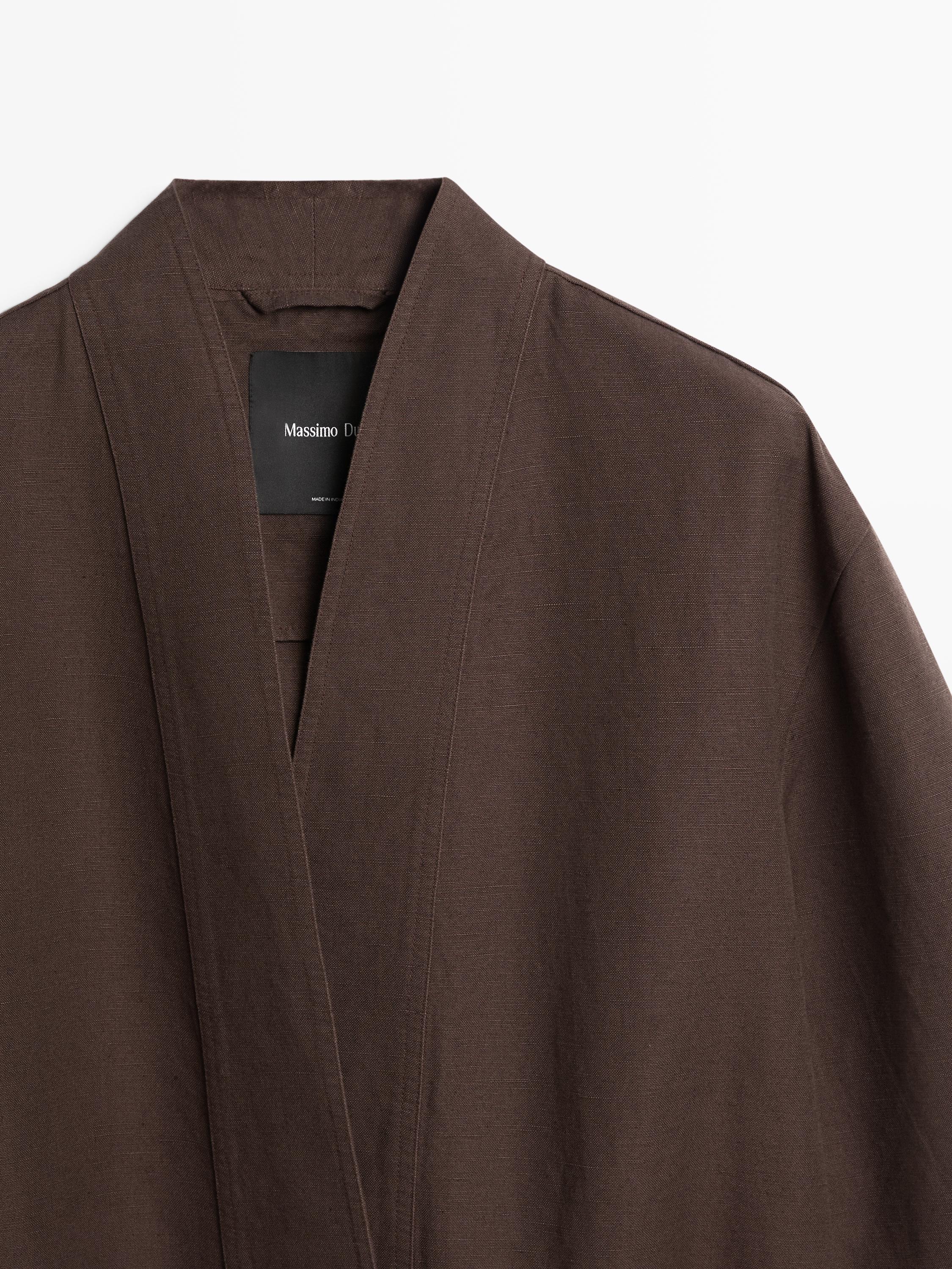 Linen blend kimono jacket with tie detail