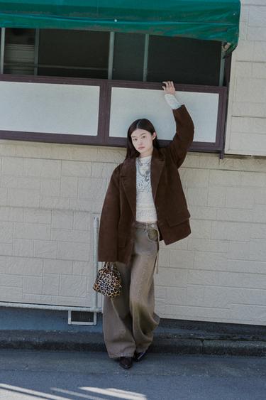 오버사이즈 스웨이드 가죽 블레이저 - Zara 다크 브라운
