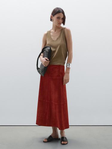Zara Suede leather flared midi skirt - Red