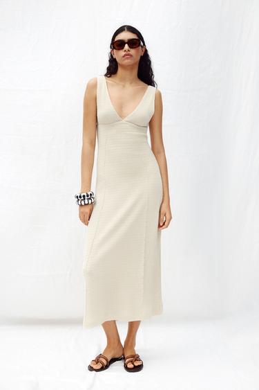 Zara 手工風格中長版洋裝 - 裸色