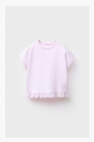 JACQUARD T-SHIRT WITH SWISS EMBROIDERY - Pink / Mauve by Zara