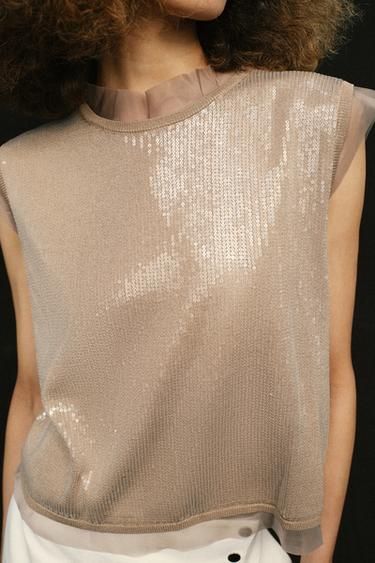 KNIT TOP WITH SEQUINS - Mink by Zara