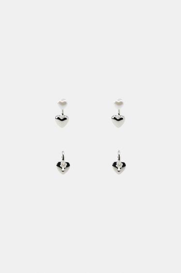 Zara 珍珠愛心耳環4件組 - 銀色