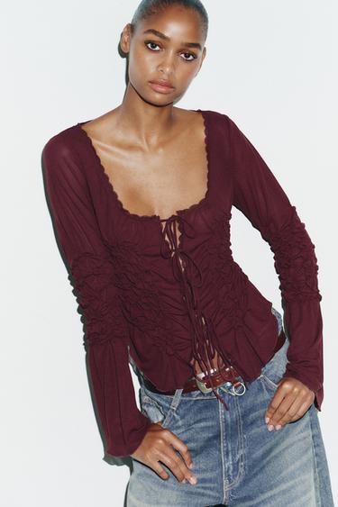 GATHERED TIE TOP - Burgundy by Zara