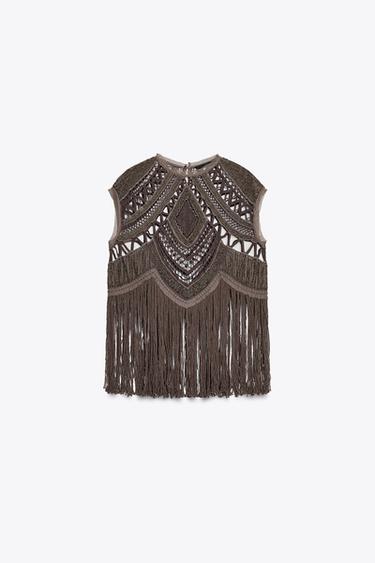 Zara BEADED CROCHET TOP ZW COLLECTION - Brown