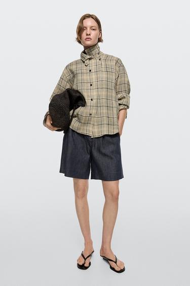 Zara Cotton denim Bermuda shorts with topstitching - Blue - Image 0