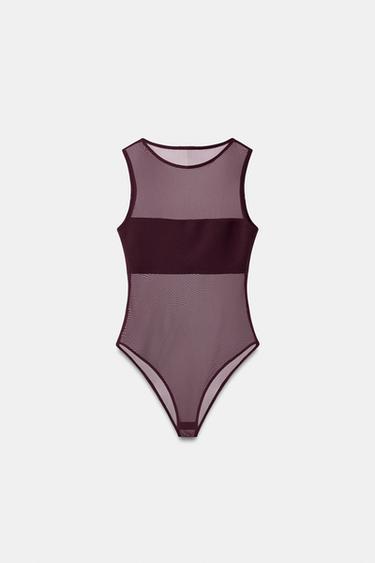 Zara COMBINATION TULLE BODYSUIT - Dark burgundy