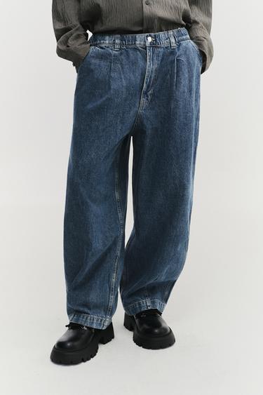 Zara 丹寧斜紋寬管打褶長褲 - 中藍色