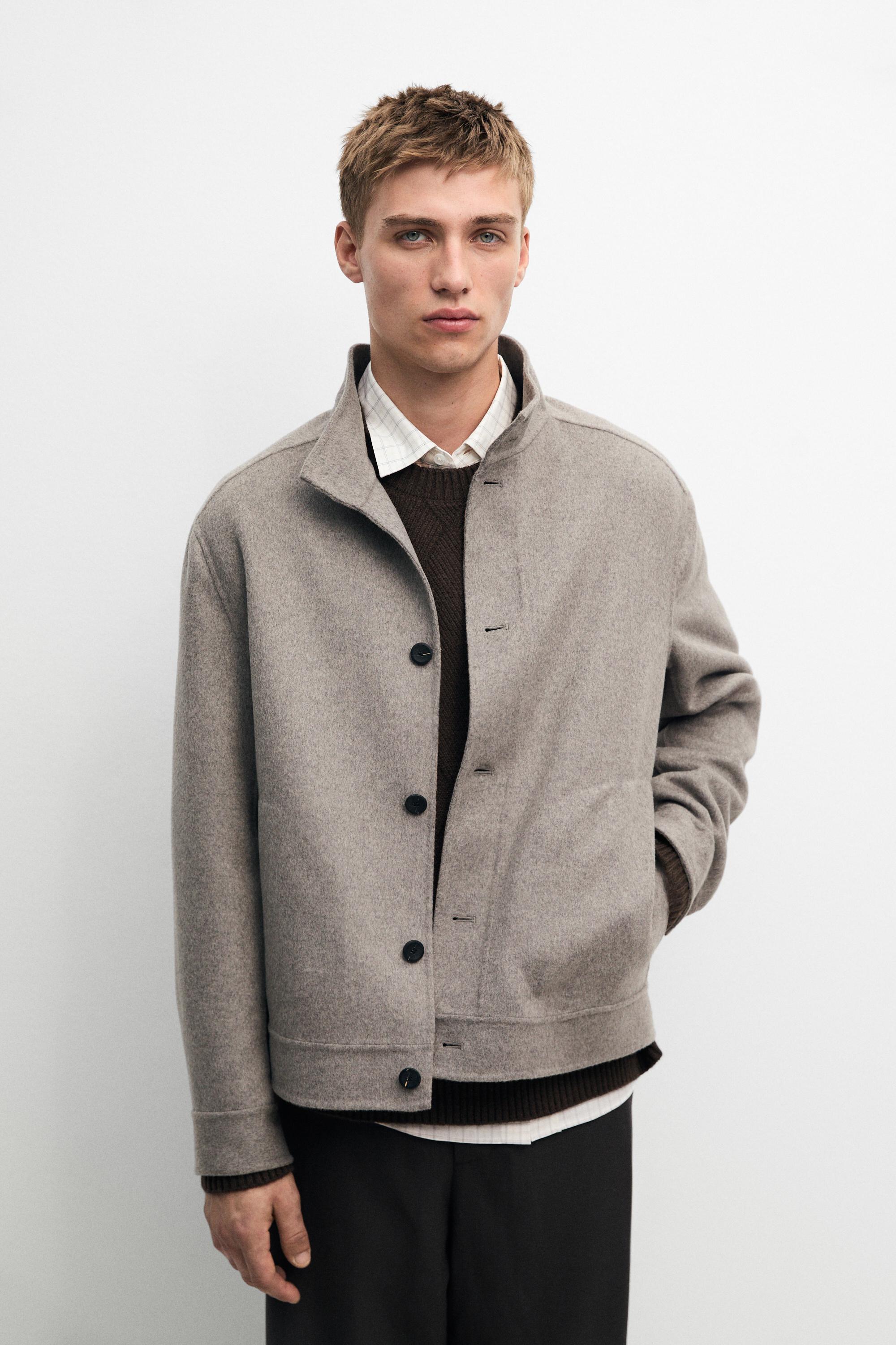 Wool blend high neck double fabric jacket — Mink