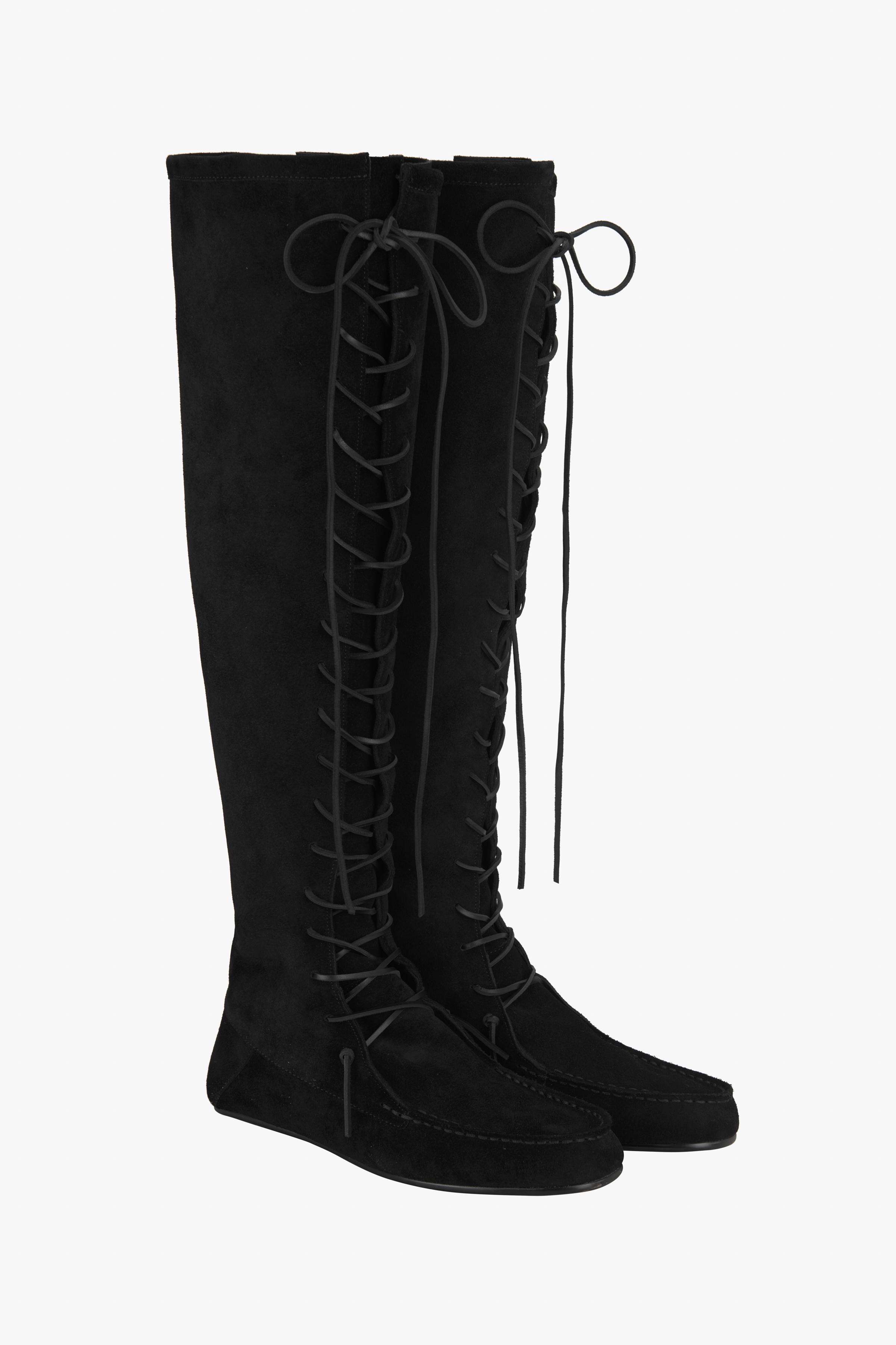 Black suede knee high boots flat best sale