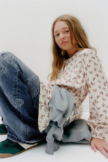 JEANS WIDE LEG بفراشات - أزرق by Zara