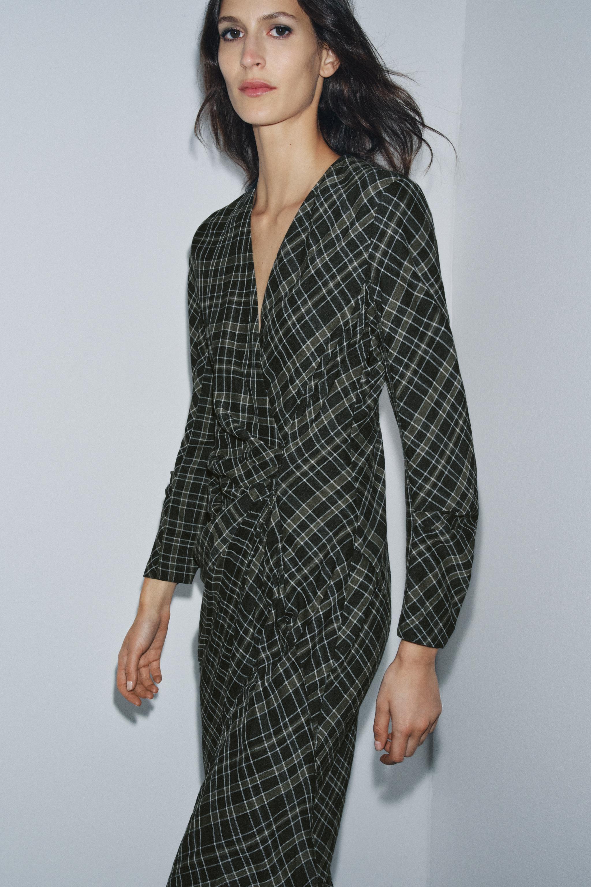 チェック柄ドレープワンピース - カーキ | ZARA Japan / 日本