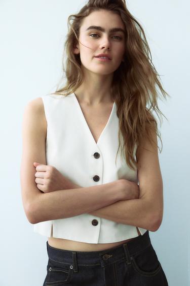 Zara BUCKLED LINEN VEST - Oyster-white