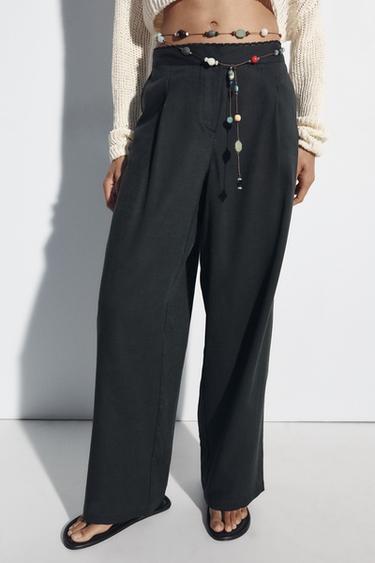 LACE TRIM LINEN BLEND STRAIGHT TROUSERS - Anthracite grey by Zara