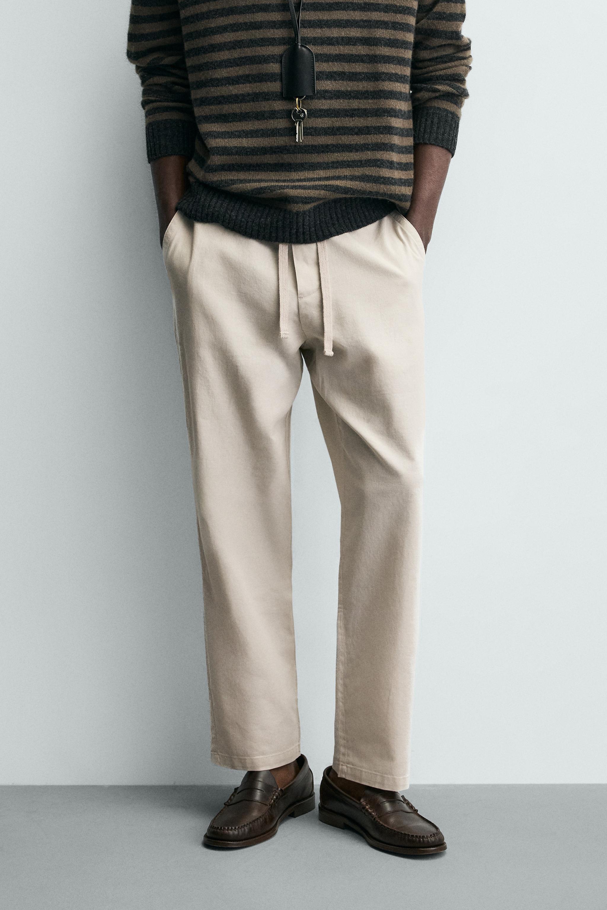 COTTON-LINEN RELAXED FIT PANTS — Pearl gray