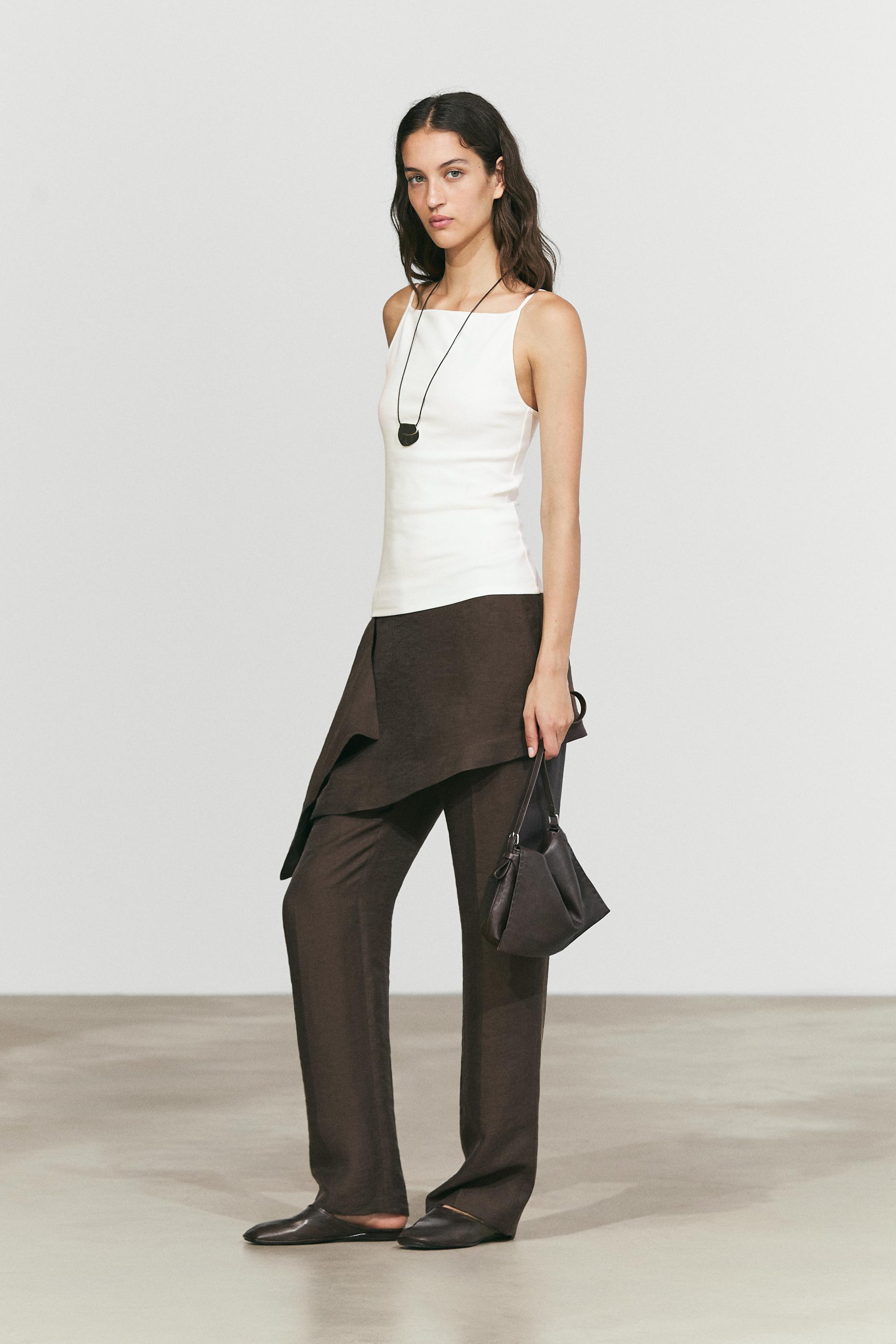 Pants with skirt detail and linen — Chocolate