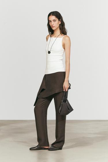 Pantalon détail jupe en lin - Chocolat de Zara
