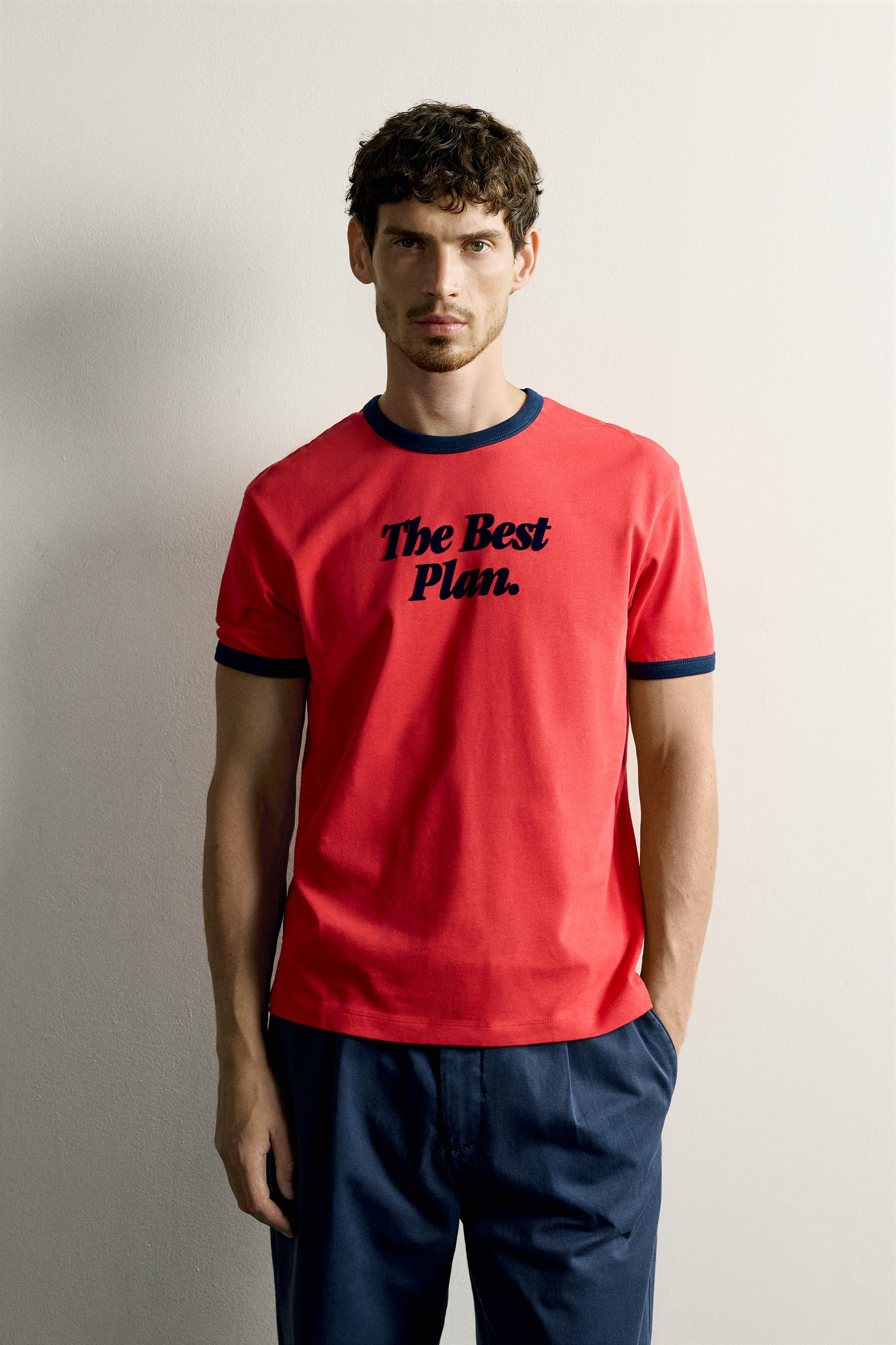 RINGER CONTRAST RIB TEXT T-SHIRT — Red