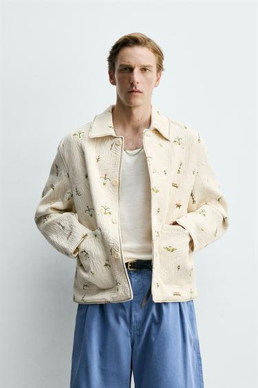 Zara FLORAL EMBROIDERED JACQUARD JACKET - Ecru