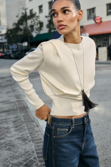Zara SHOULDER PAD KNIT JUMPER - Ecru