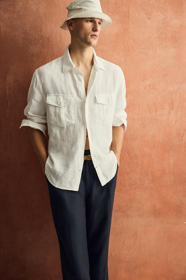100% LINEN PLEATED TROUSERS - Navy blue by Zara