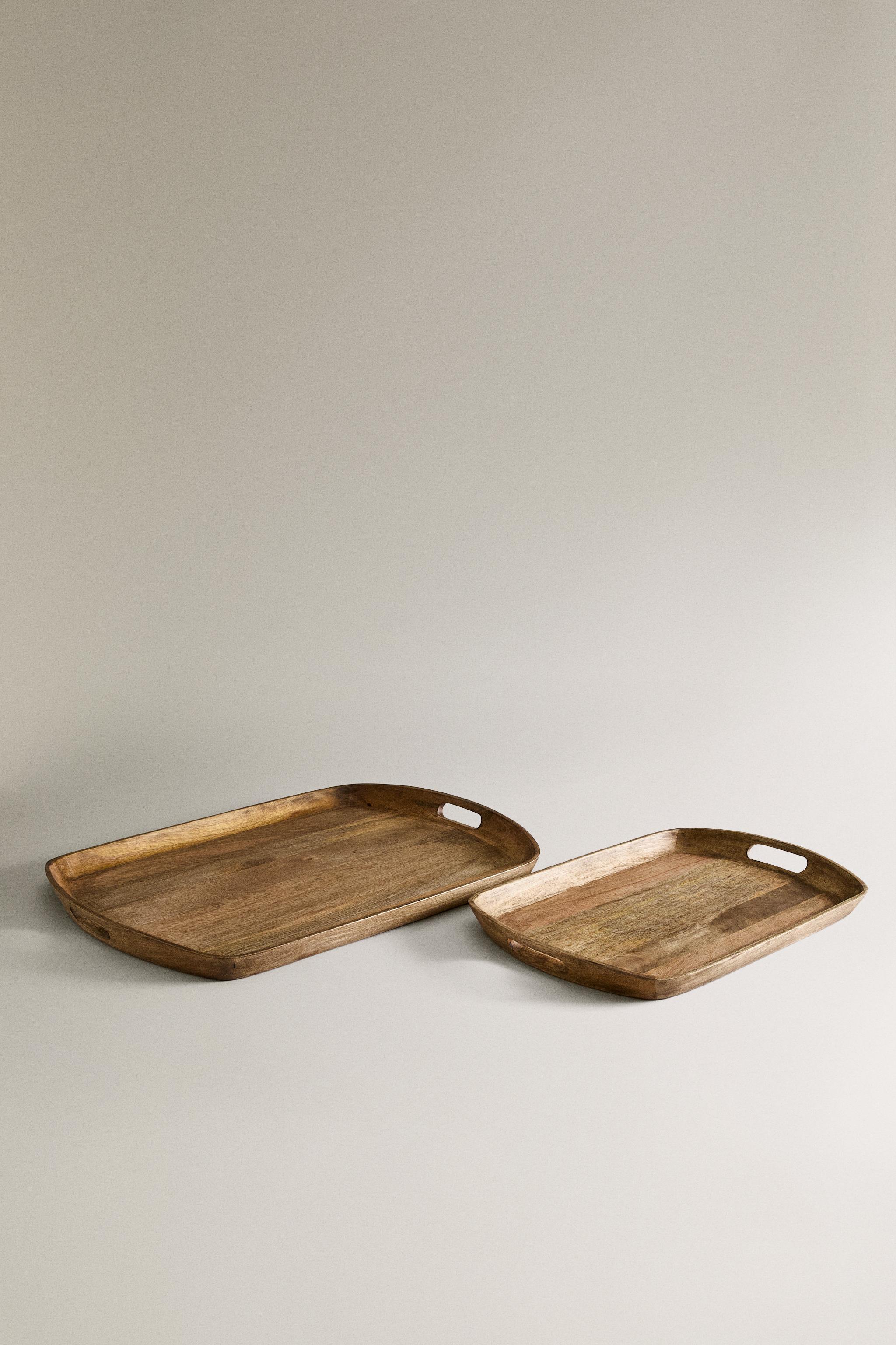 WOODEN TRAY WITH HANDLES — Light beige