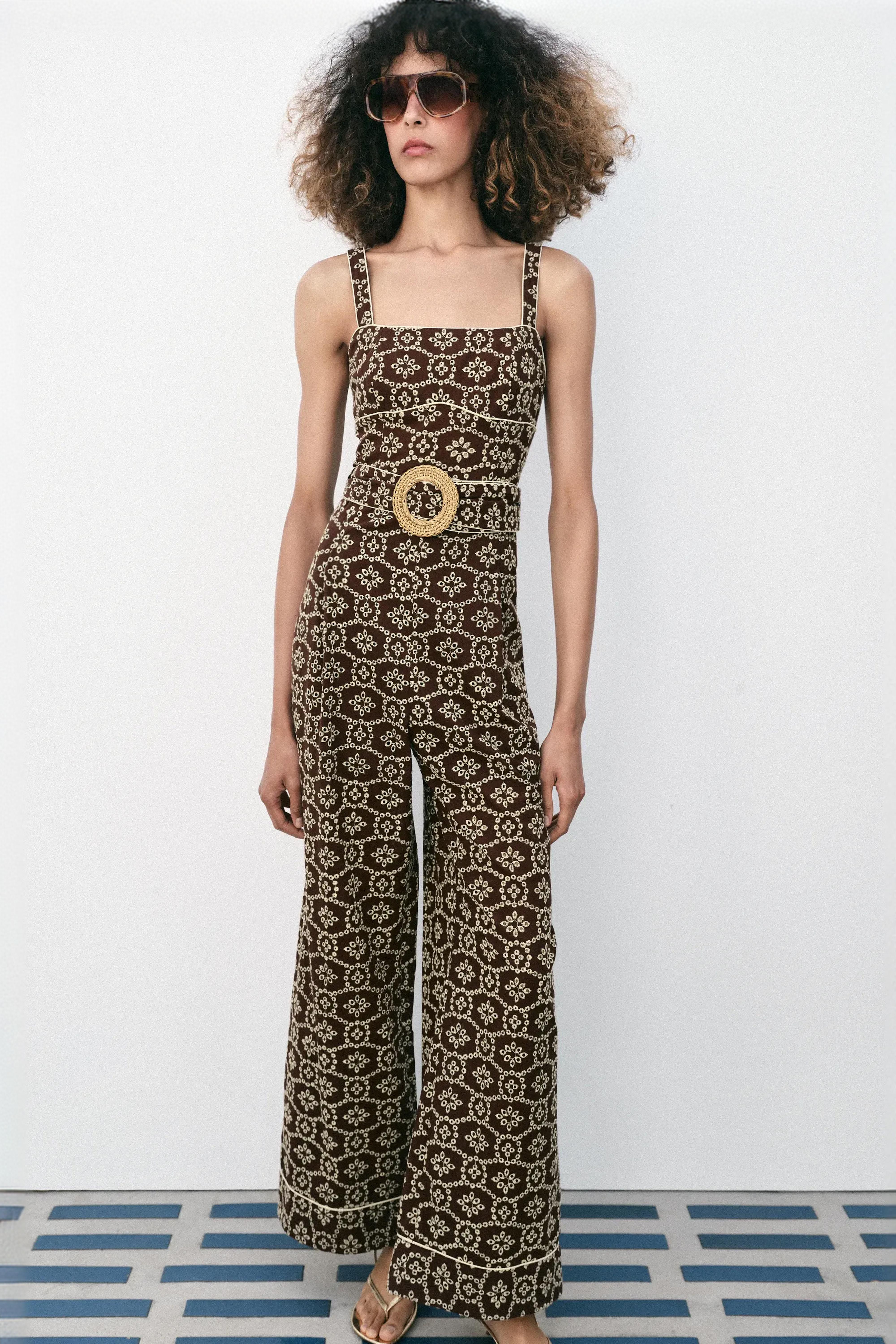 CUTWORK EMBROIDERY JUMPSUIT WITH BELT