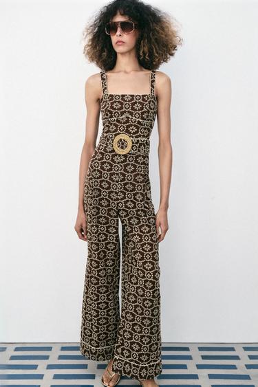 Zara PERFORATED EMBROIDERED BELTED JUMPSUIT - Brown / Ecru - Image 0