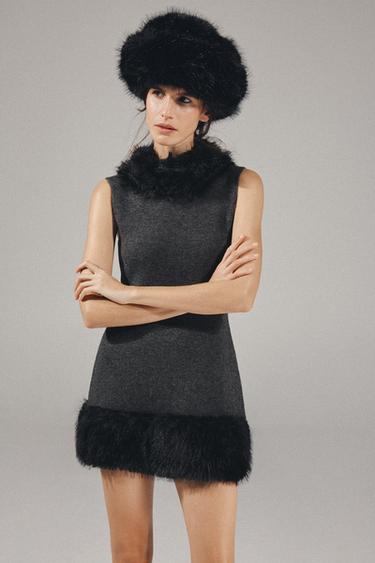 Zara COMBINED FAUX-FUR EFFECT KNIT DRESS - Gray