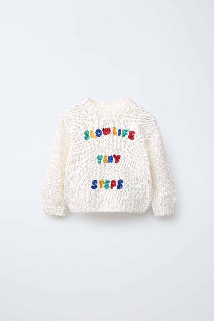 EMBROIDERED TEXT KNIT JUMPER Ecru ZARA Singapore