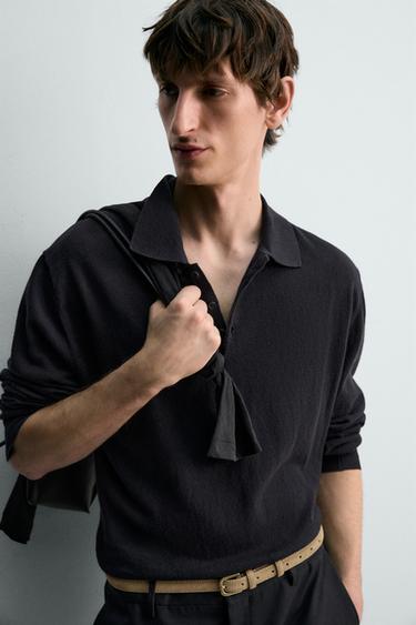 POLO EN MAILLE DE COTON ET DE LIN - Bleu marine de Zara - Image 4
