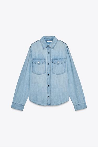Zara DENIM SHIRT WITH EPAULETS - Sky blue