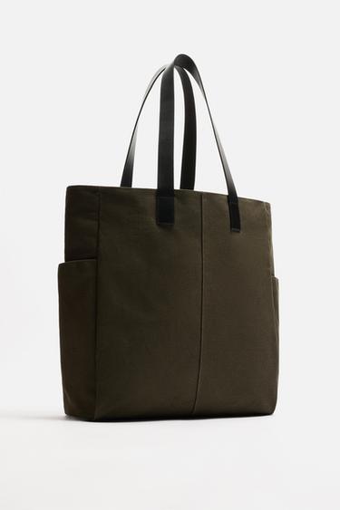 SAC SHOPPER EN TISSU ET CUIR - Vert kaki de Zara - Image 1