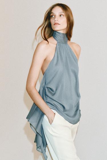 Zara ZARA WOMAN 系列不對稱繞頸上衣 - 藍灰色