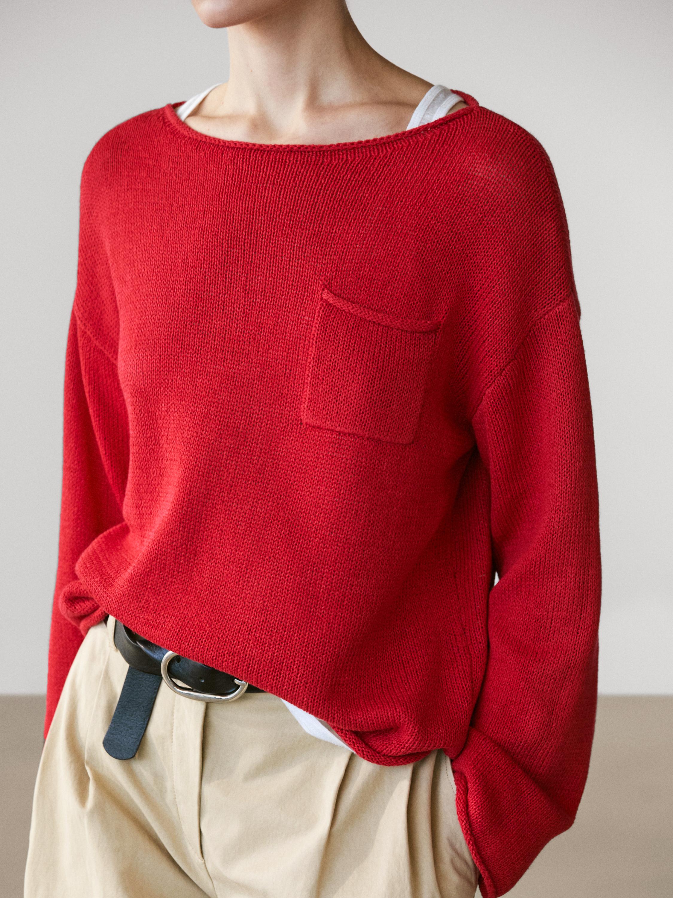 Cotton and linen knit sweater with pocket detail