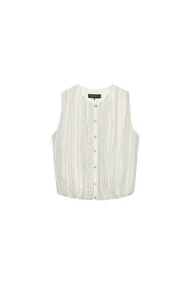 Zara STRIPED BALLOON BLOUSE - Ecru / Navy