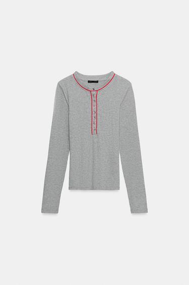 Zara CONTRAST HENLEY T-SHIRT - Gray marl
