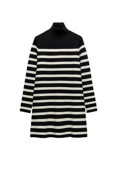 STRIPED KNIT MOCK TURTLENECK DRESS