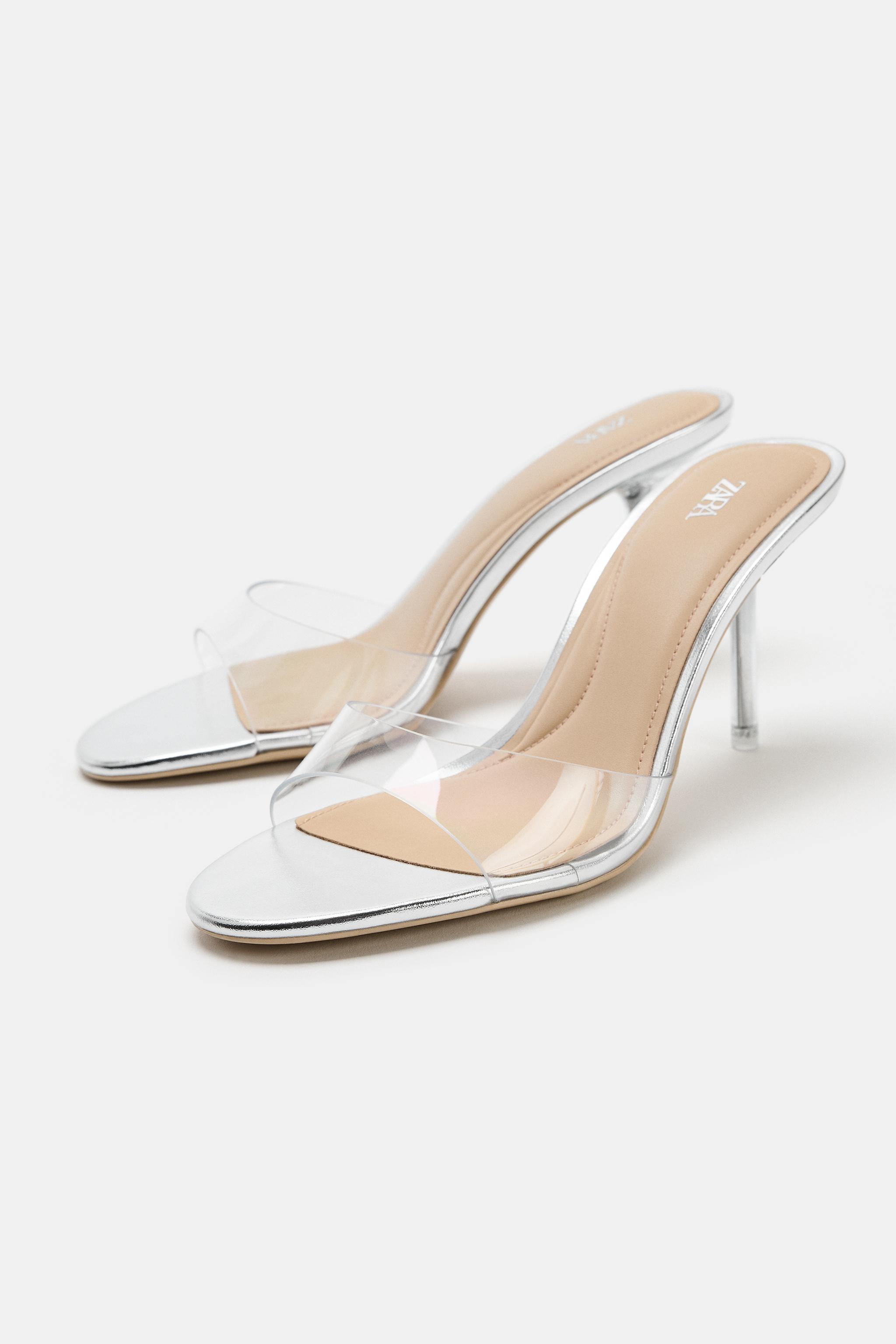 LAMINATED VINYL HEELED SANDALS — Silver