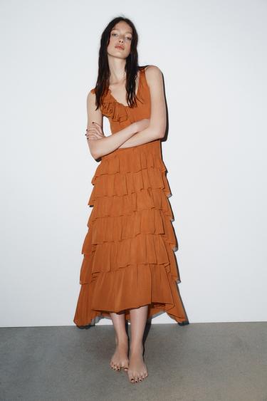 Zara ASYMMETRICAL RUFFLED DRESS - Orange